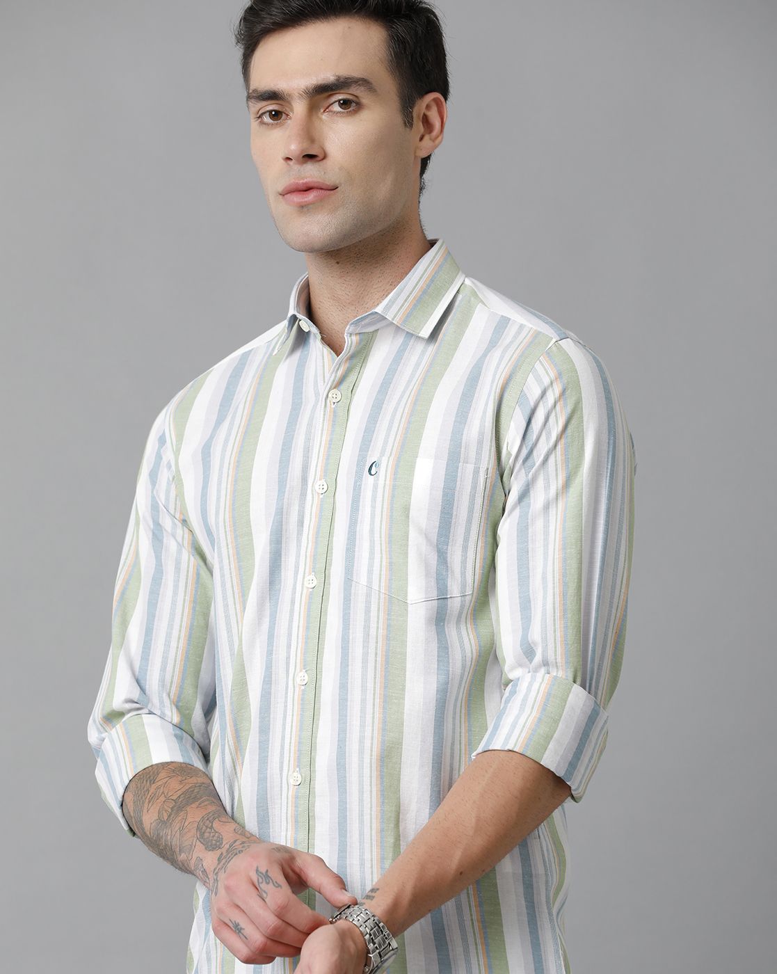 Men's Blended Linen Multicolor Striped Contemporary Fit Full Sleeve Sleeve Casual Shirt