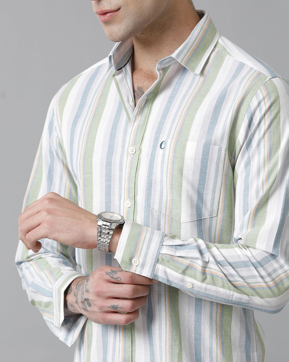Men's Blended Linen Multicolor Striped Contemporary Fit Full Sleeve Sleeve Casual Shirt