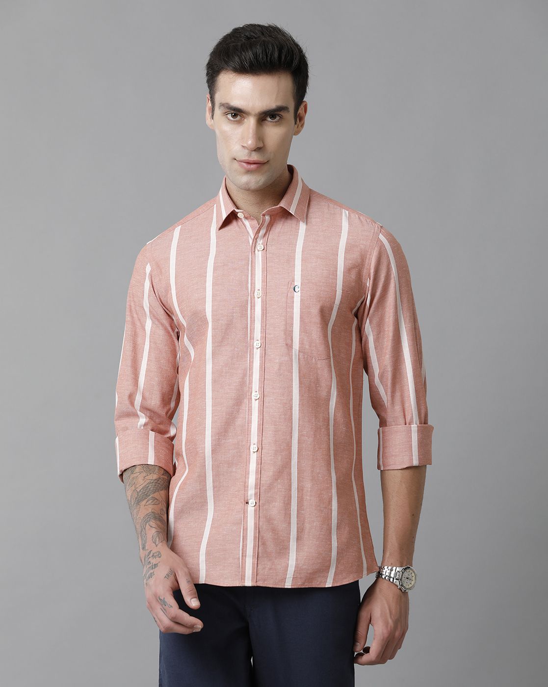Men's Blended Linen Peach Striped Contemporary Fit Full Sleeve Sleeve Casual Shirt