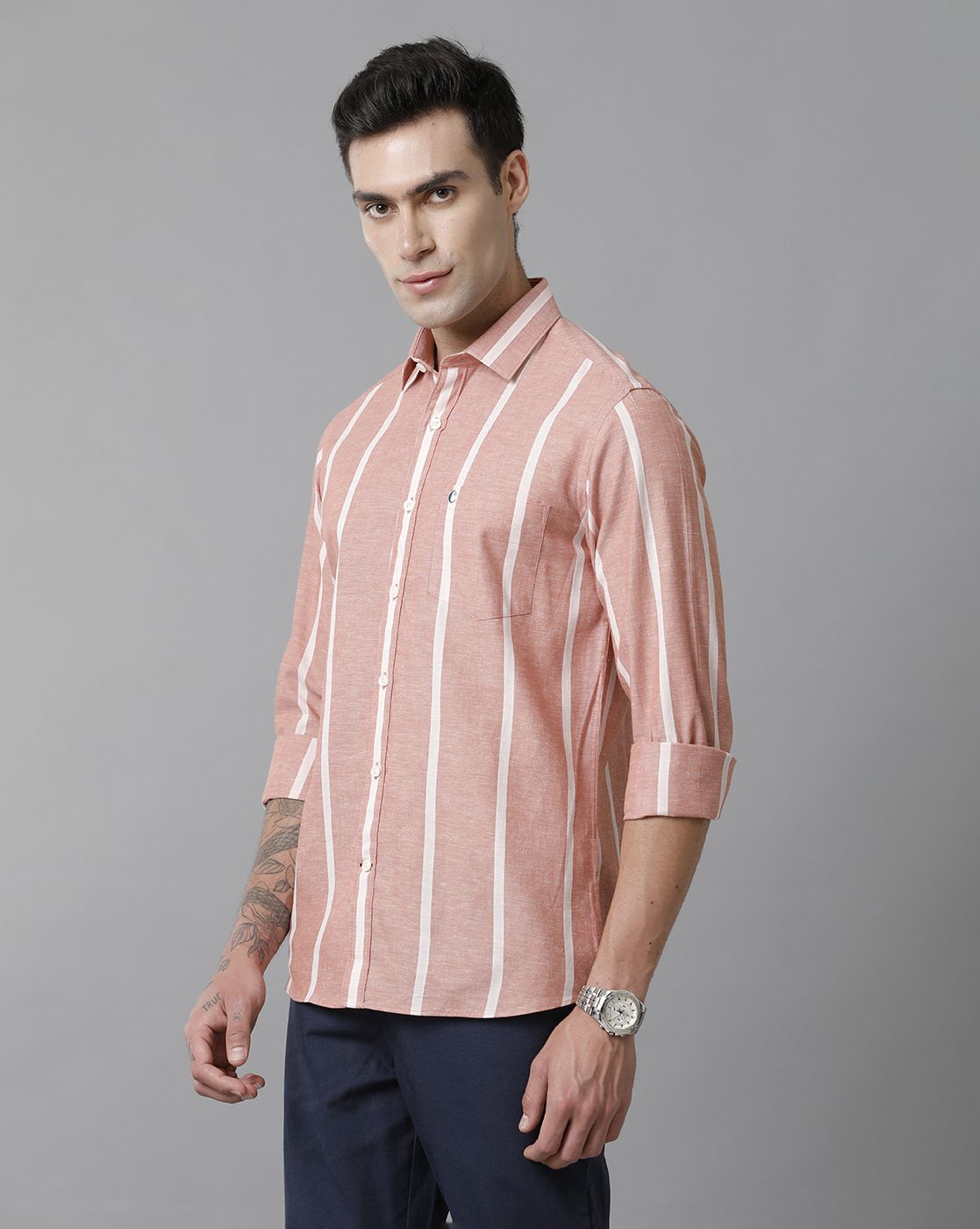 Men's Blended Linen Peach Striped Contemporary Fit Full Sleeve Sleeve Casual Shirt