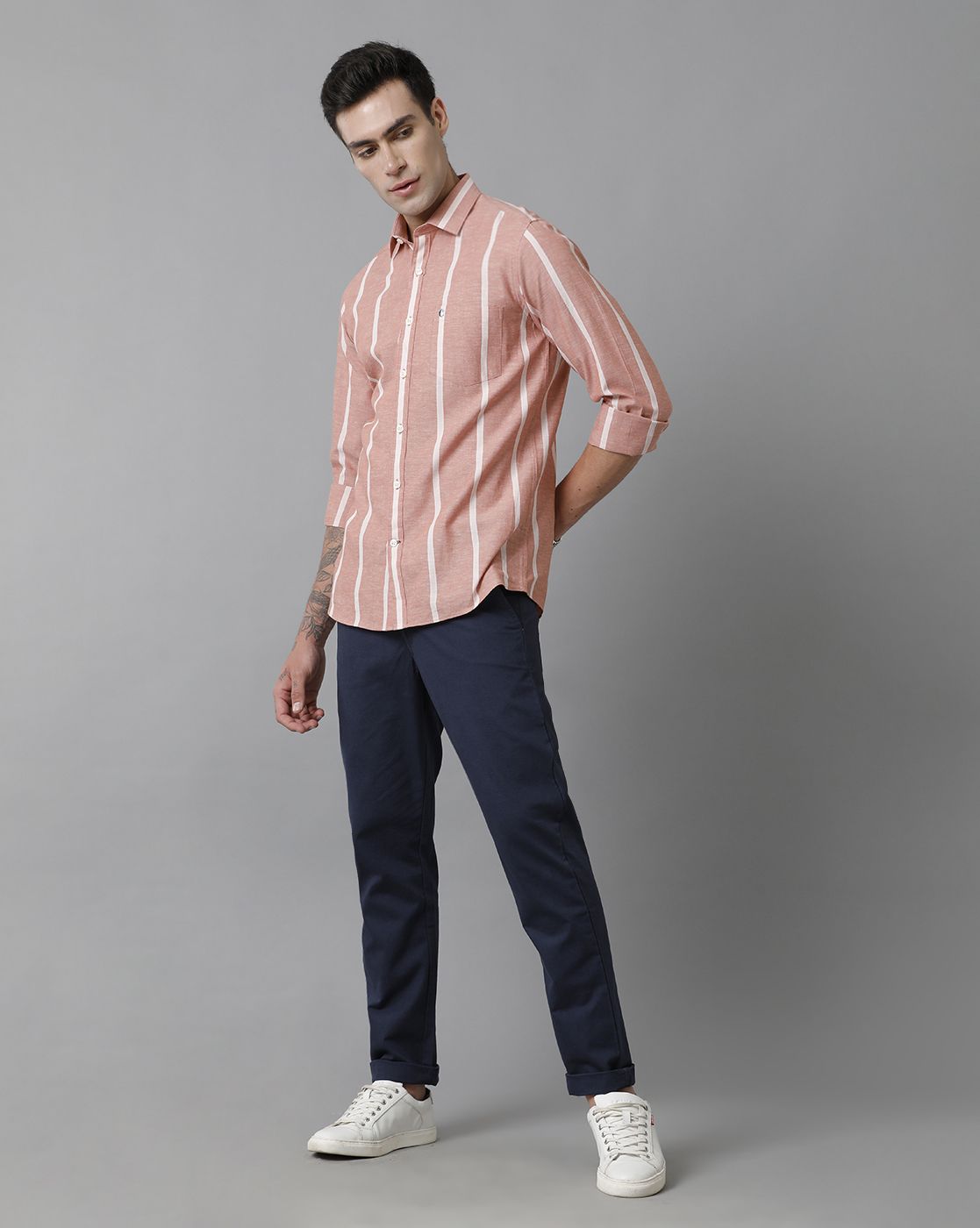 Men's Blended Linen Peach Striped Contemporary Fit Full Sleeve Sleeve Casual Shirt