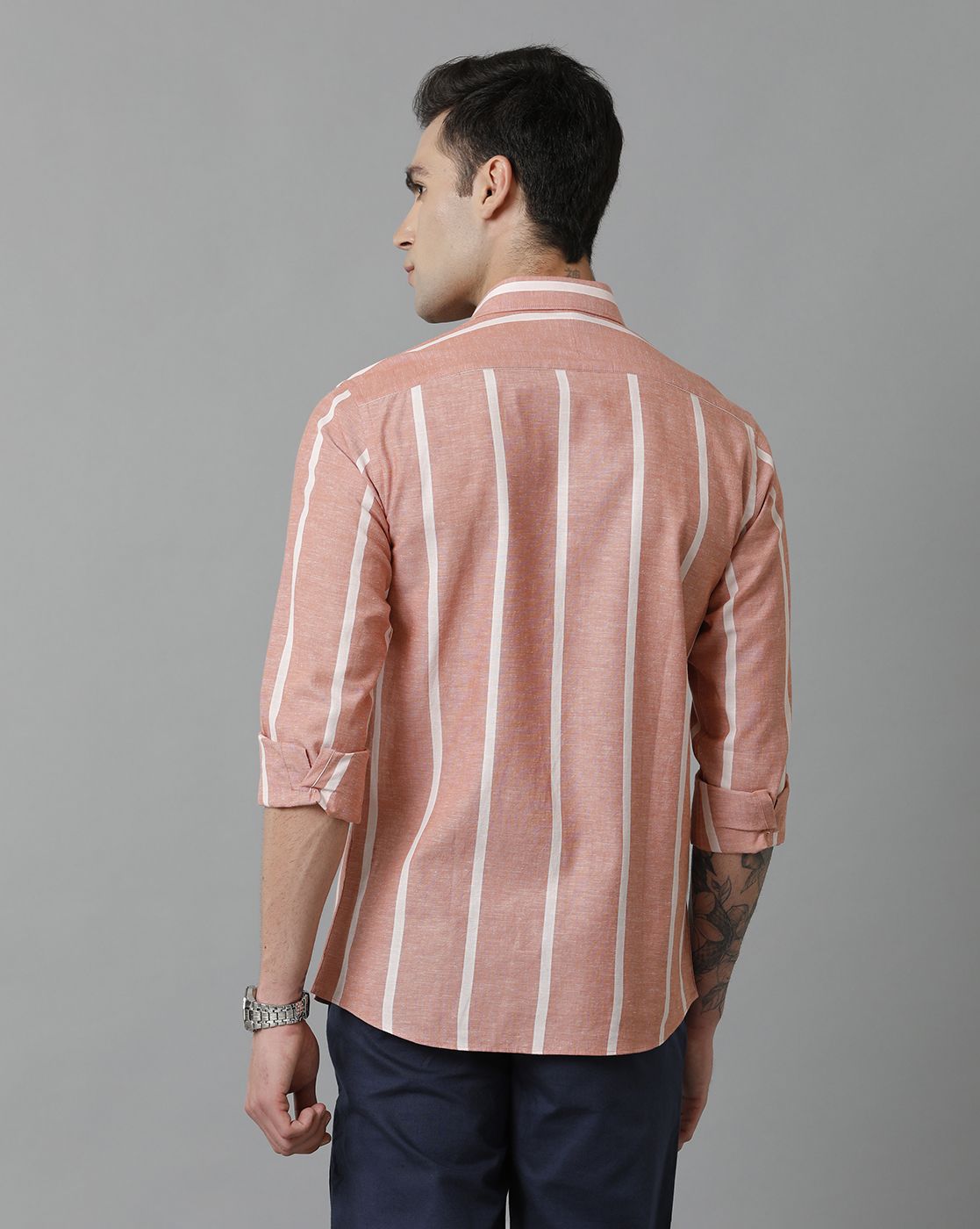 Men's Blended Linen Peach Striped Contemporary Fit Full Sleeve Sleeve Casual Shirt