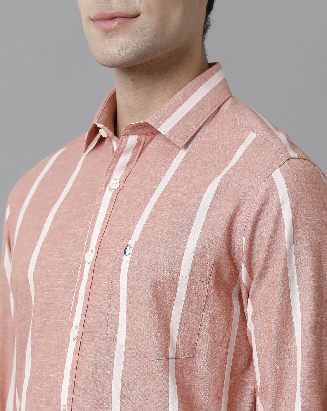 Men's Blended Linen Peach Striped Contemporary Fit Full Sleeve Sleeve Casual Shirt