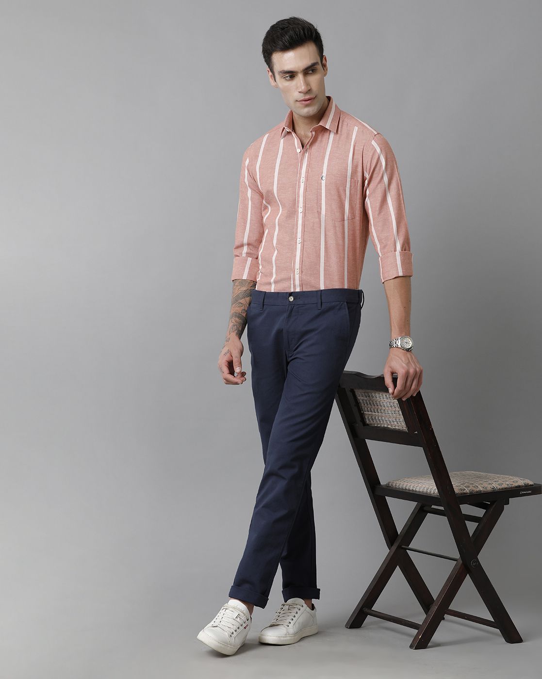Men's Blended Linen Peach Striped Contemporary Fit Full Sleeve Sleeve Casual Shirt