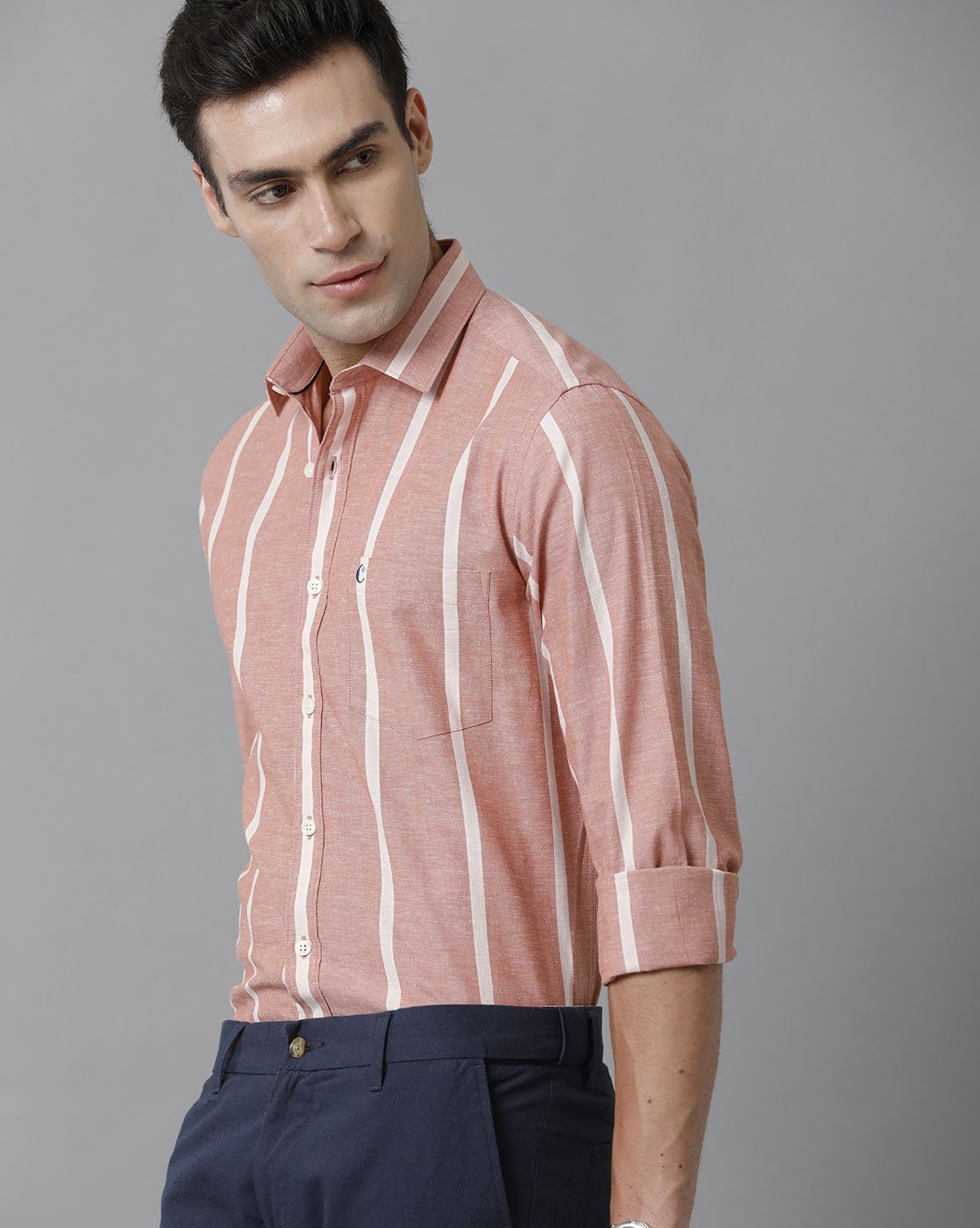 Men's Blended Linen Peach Striped Contemporary Fit Full Sleeve Sleeve Casual Shirt