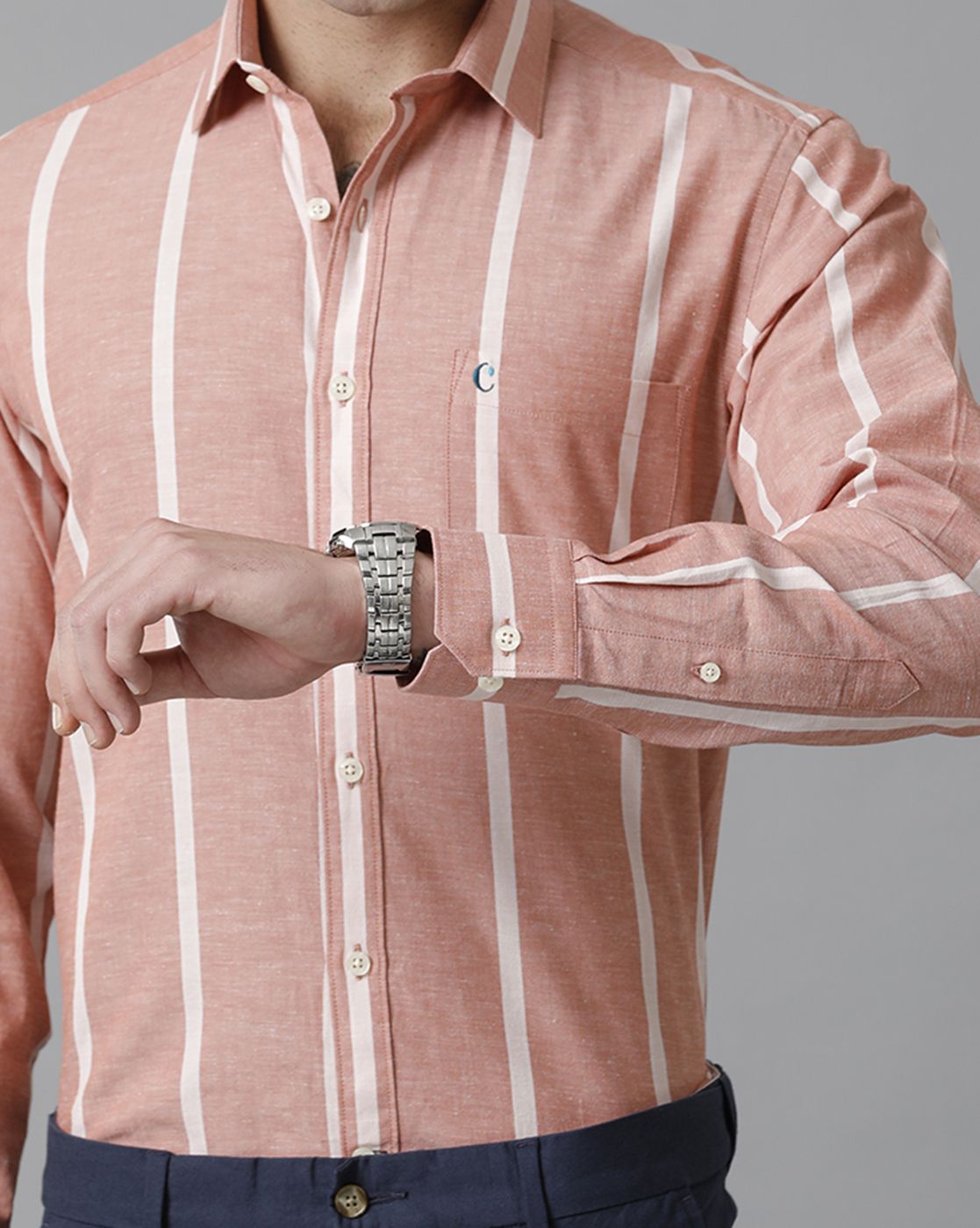 Men's Blended Linen Peach Striped Contemporary Fit Full Sleeve Sleeve Casual Shirt