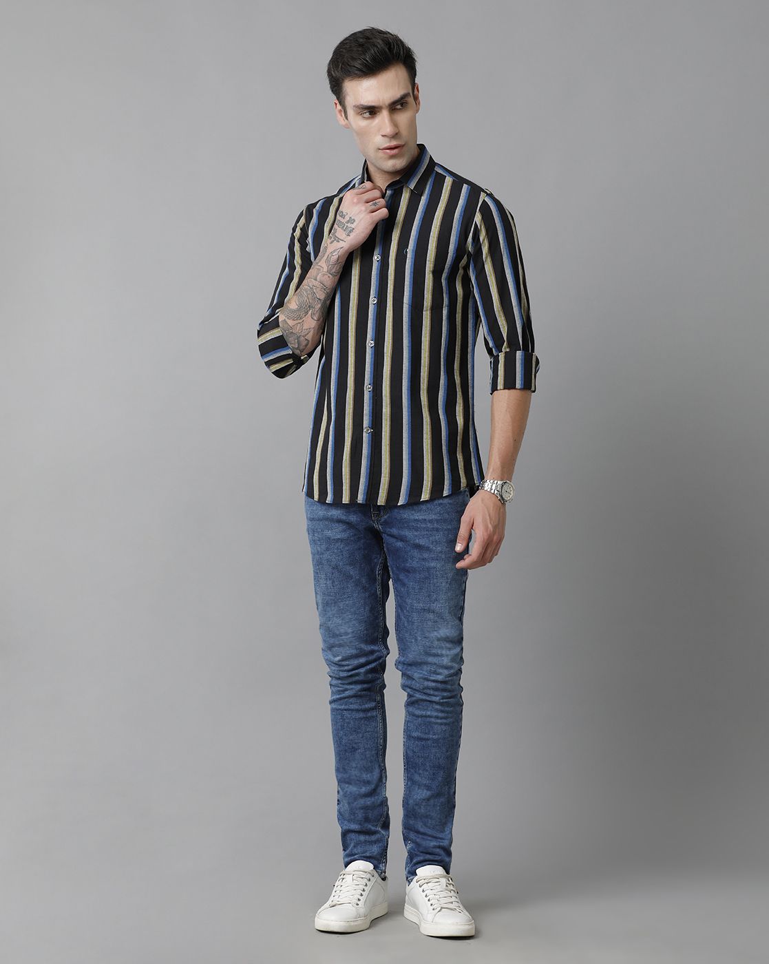 Men's Blended Linen Black Striped Contemporary Fit Full Sleeve Sleeve Casual Shirt