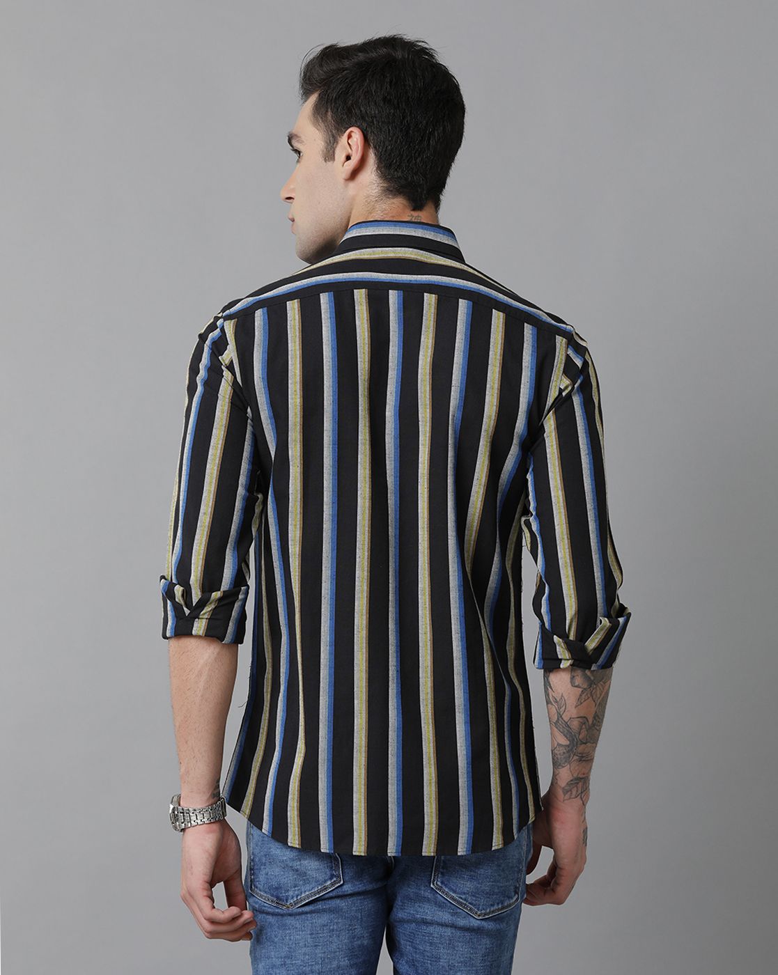 Men's Blended Linen Black Striped Contemporary Fit Full Sleeve Sleeve Casual Shirt