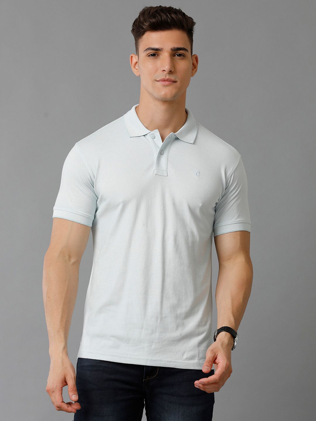Cavallo by Linen Club Men's Linen Blend Ice Blue Solid Regular Fit Casual Tshirt COTHSD0011961
