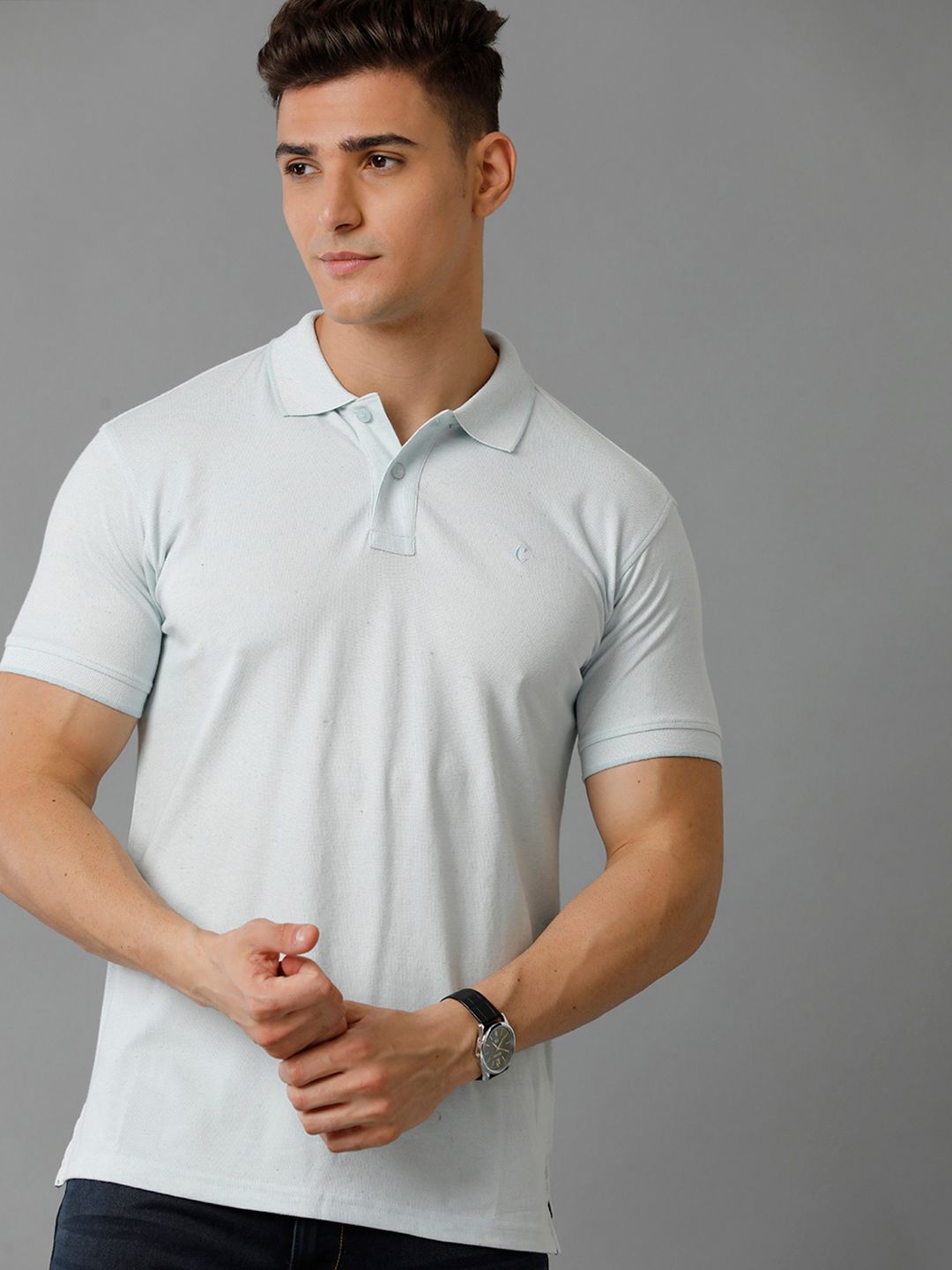 Cavallo by Linen Club Men's Linen Blend Ice Blue Solid Regular Fit Casual Tshirt COTHSD0011961