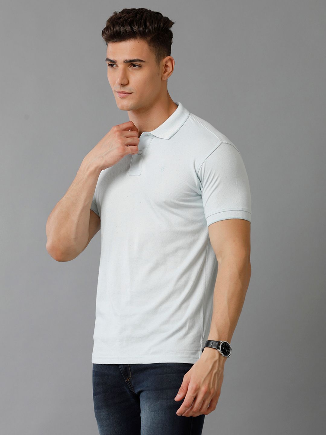 Cavallo by Linen Club Men's Linen Blend Ice Blue Solid Regular Fit Casual Tshirt COTHSD0011961