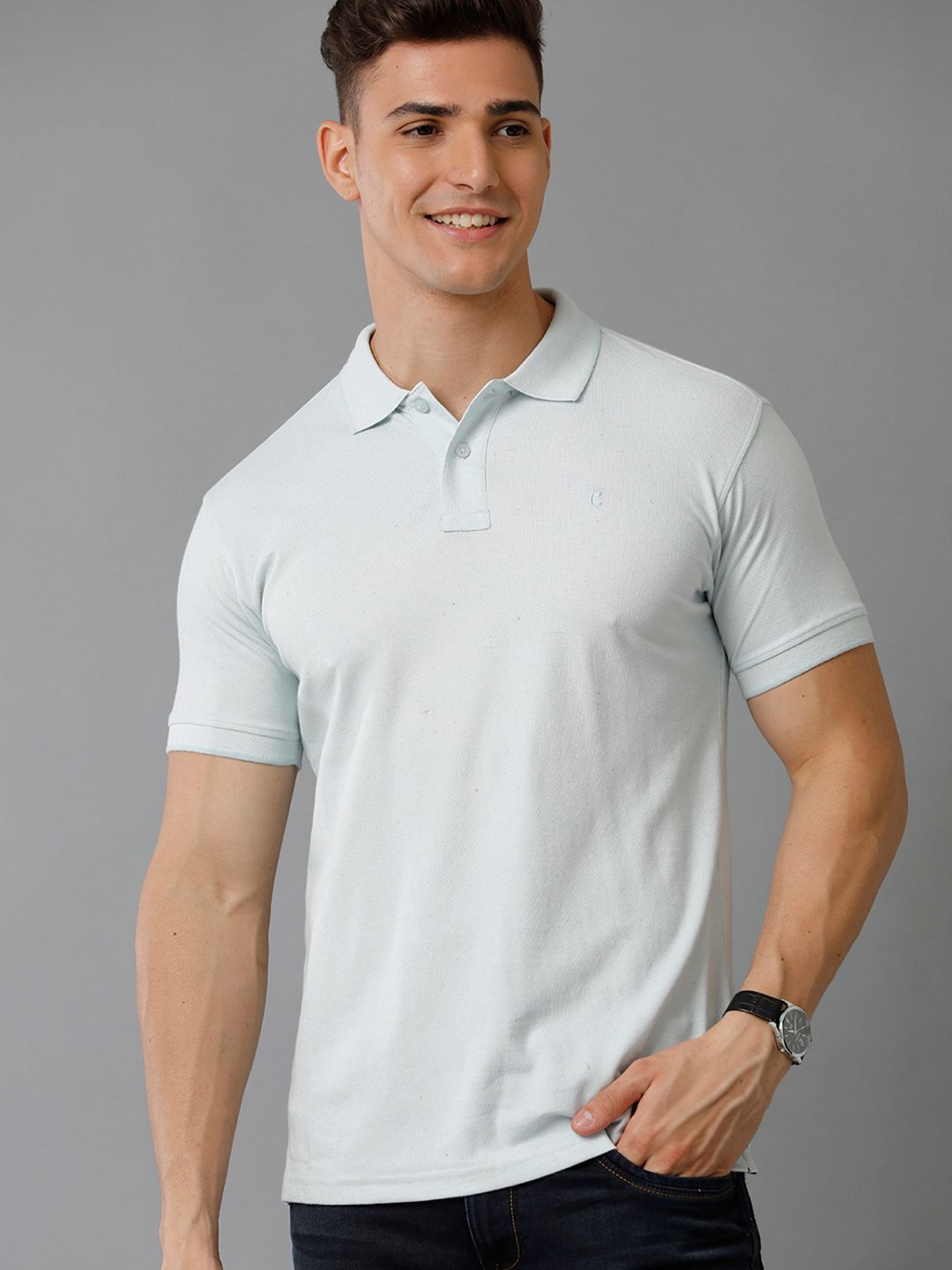 Cavallo by Linen Club Men's Linen Blend Ice Blue Solid Regular Fit Casual Tshirt COTHSD0011961