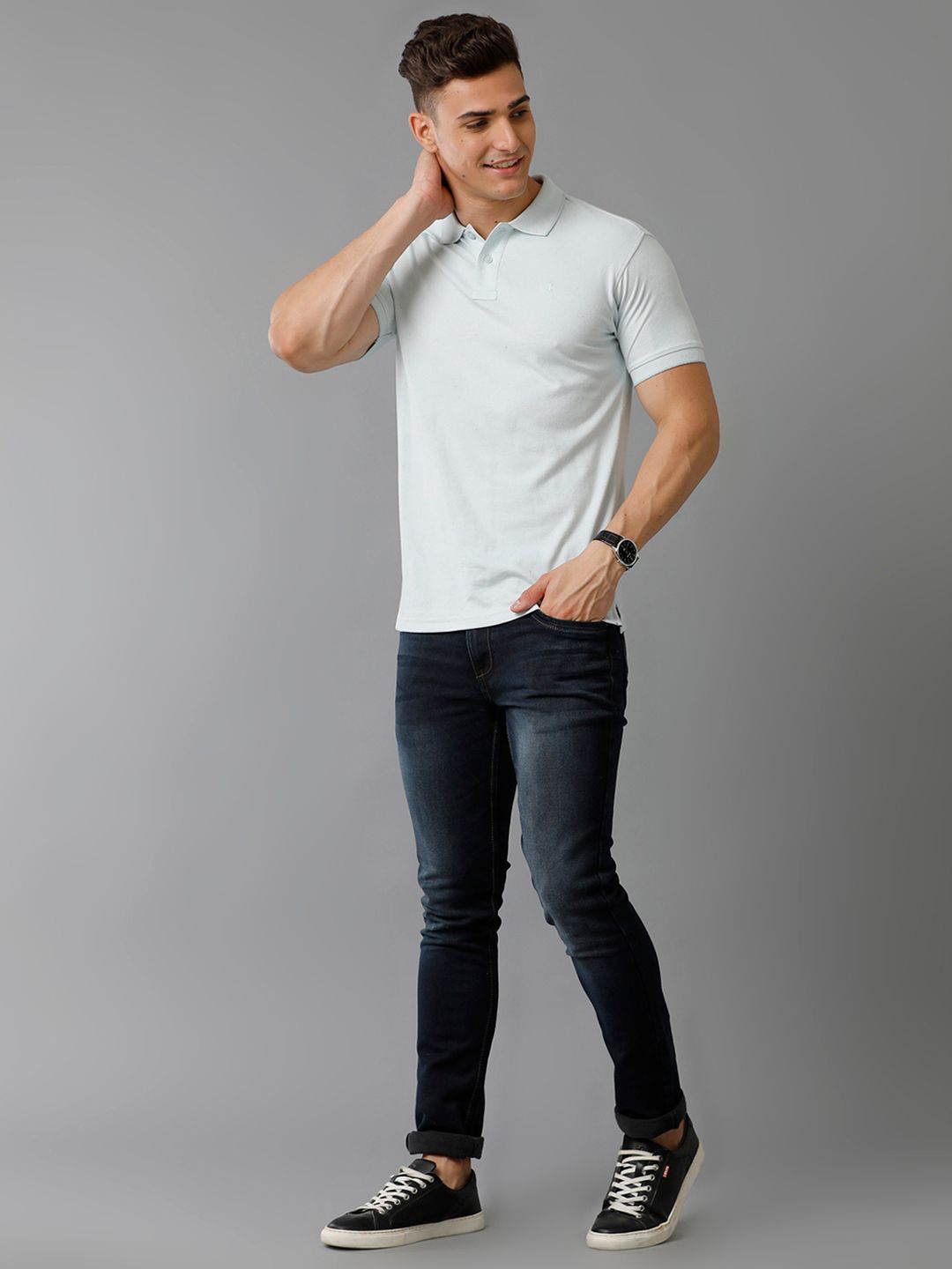 Cavallo by Linen Club Men's Linen Blend Ice Blue Solid Regular Fit Casual Tshirt COTHSD0011961