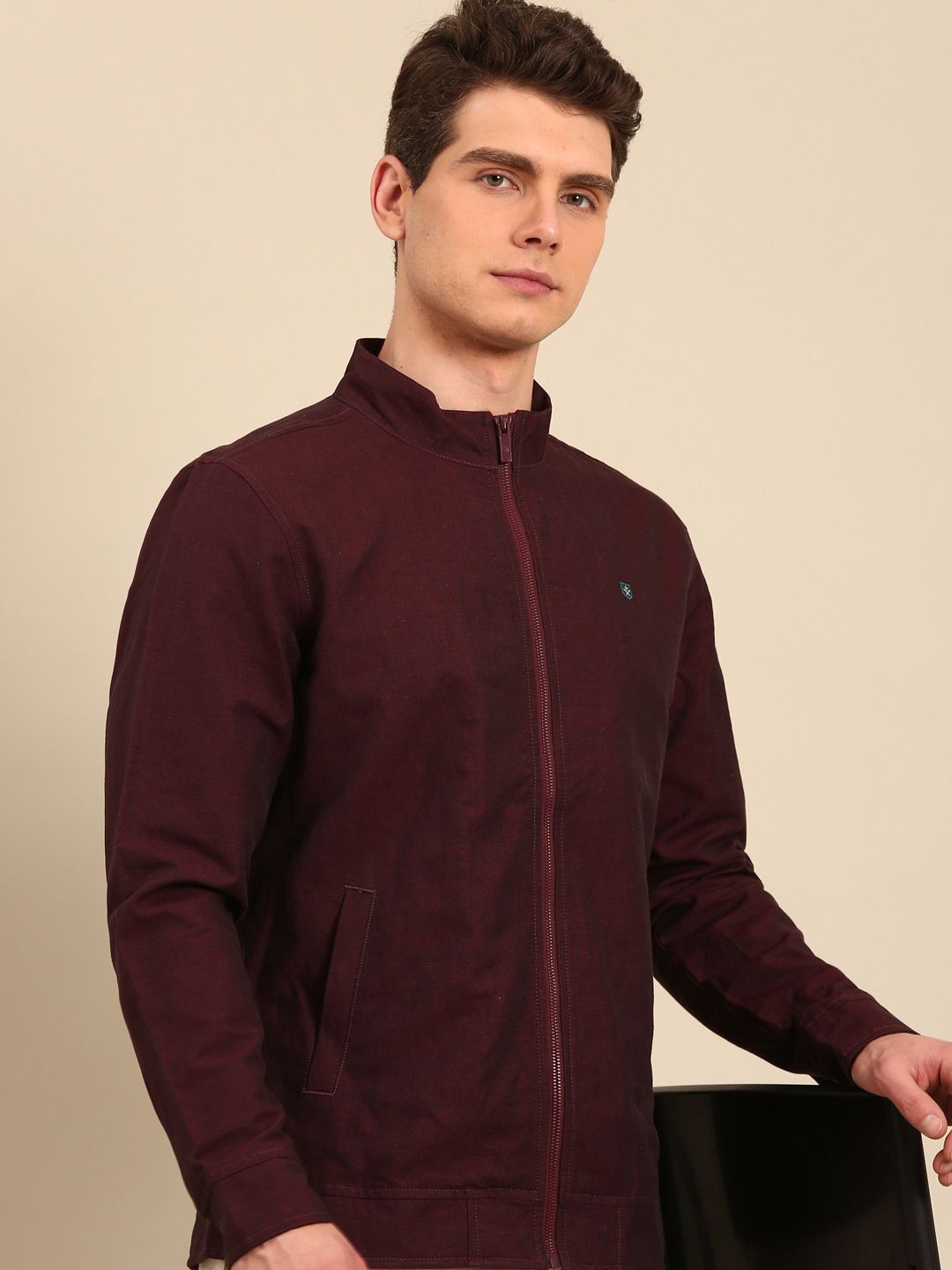 Linen Club Men's Maroon Solid Bomber Jacket