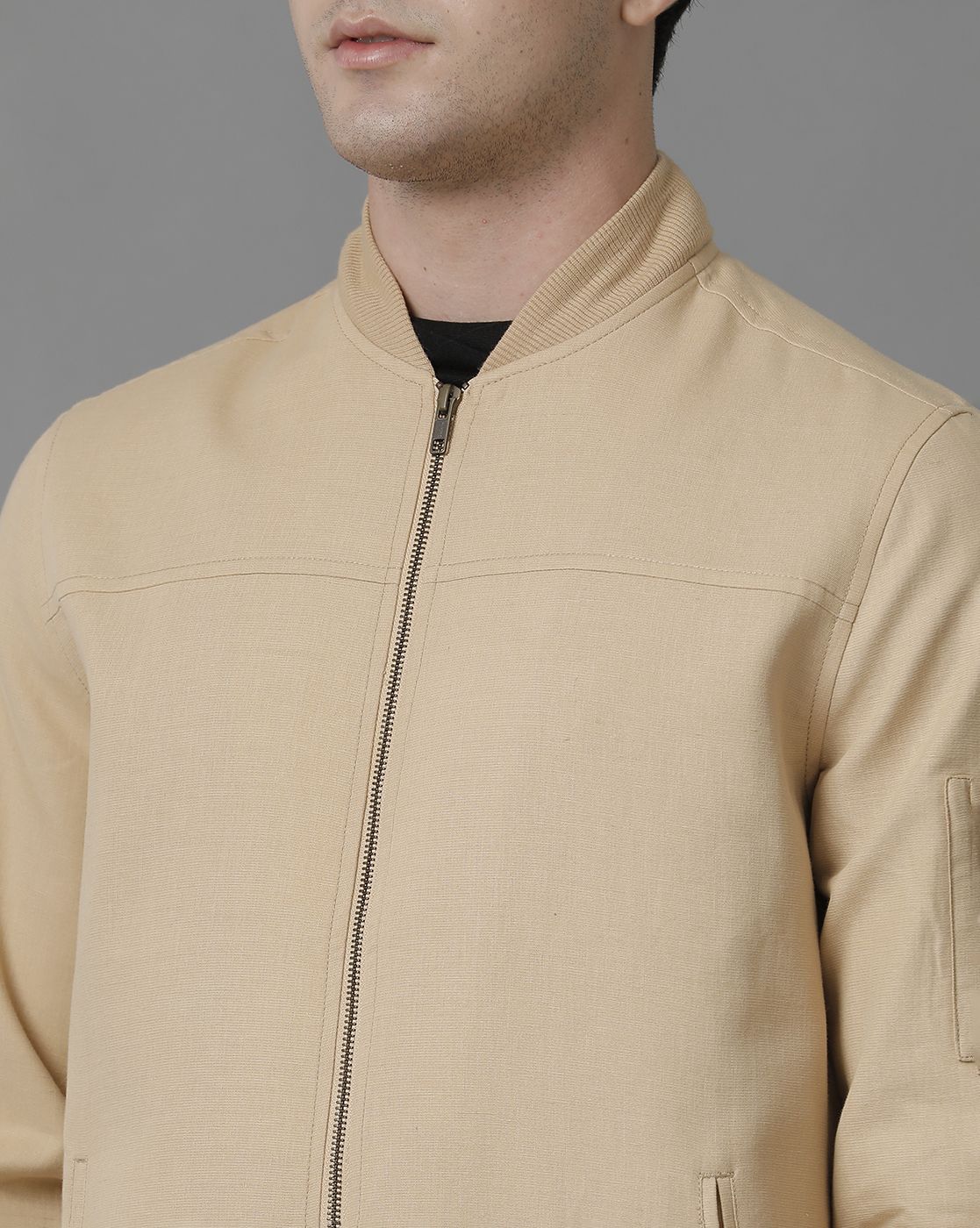 Linen Club Beige Solid Full Sleeve All Season Linen Jacket for Men