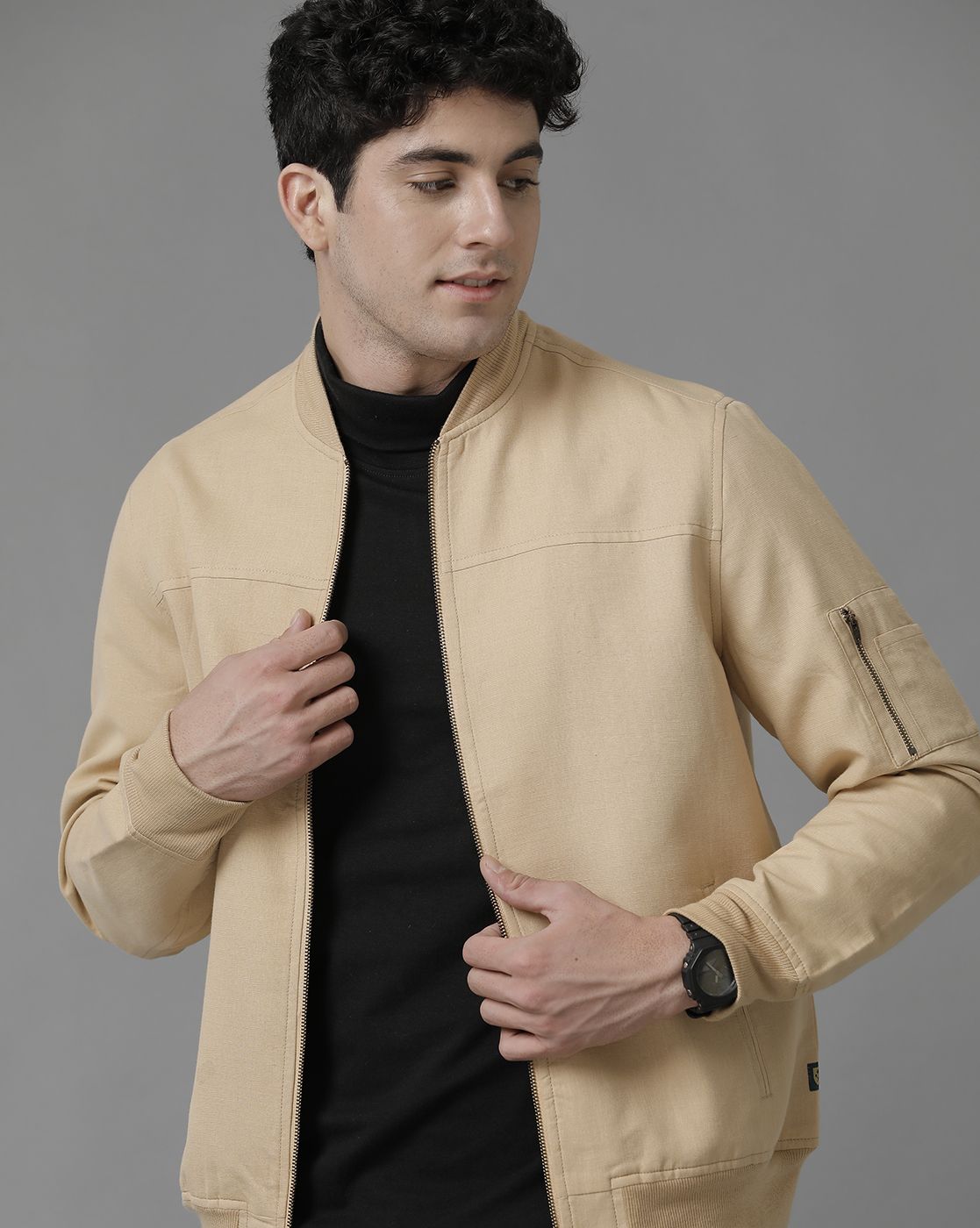 Linen Club Beige Solid Full Sleeve All Season Linen Jacket for Men