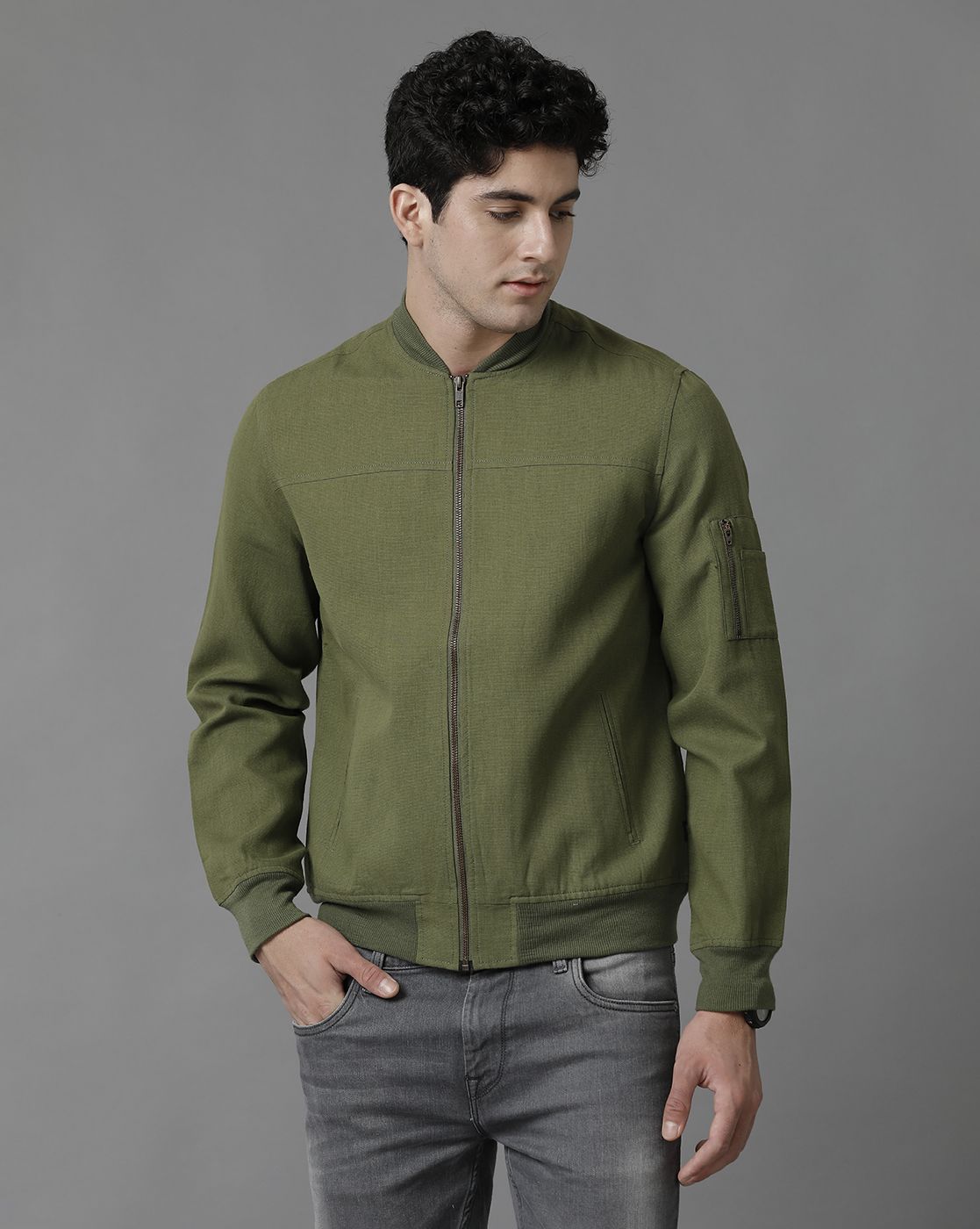 Linen Club Green Solid Full Sleeve All Season Linen Jacket for Men