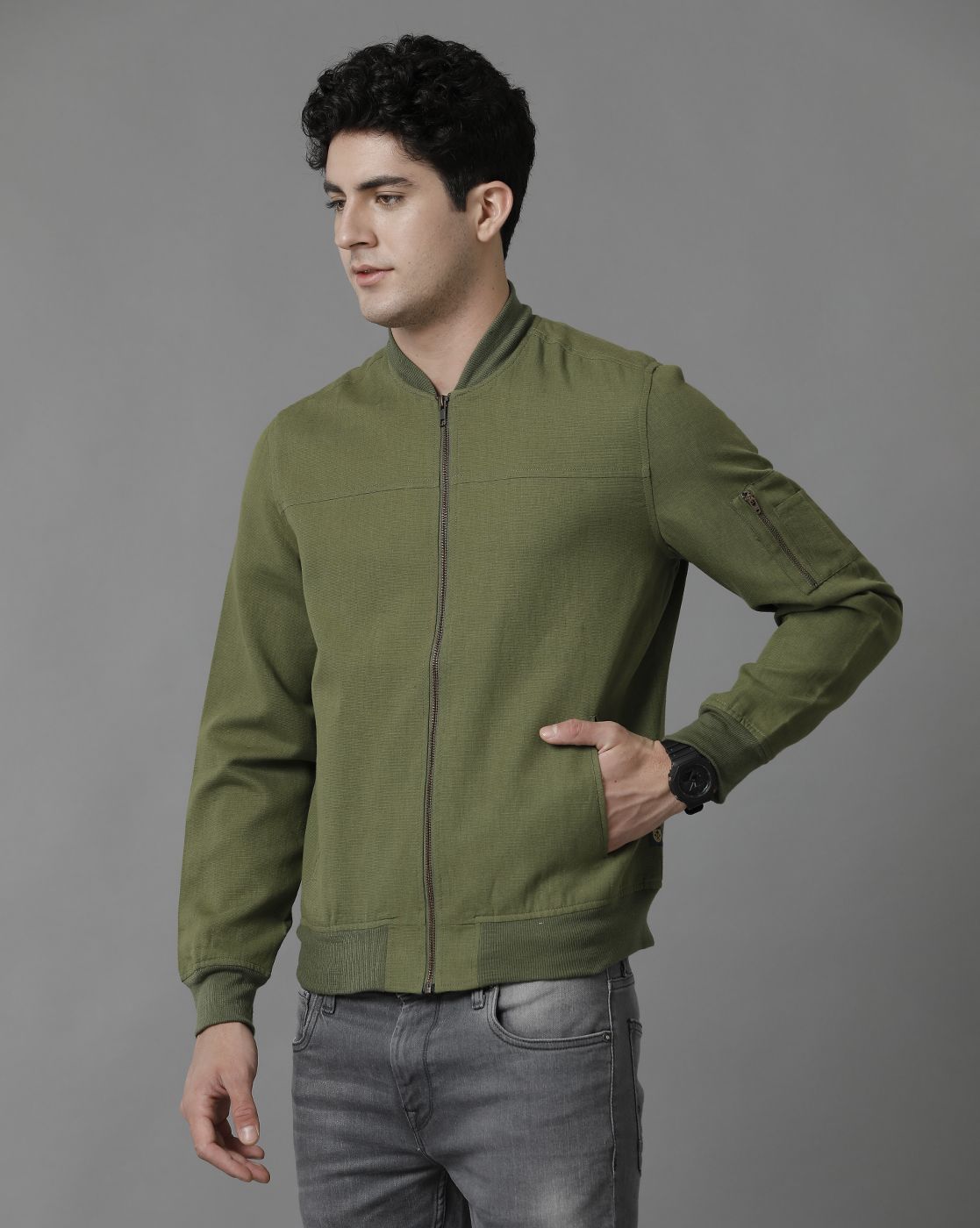 Linen Club Green Solid Full Sleeve All Season Linen Jacket for Men