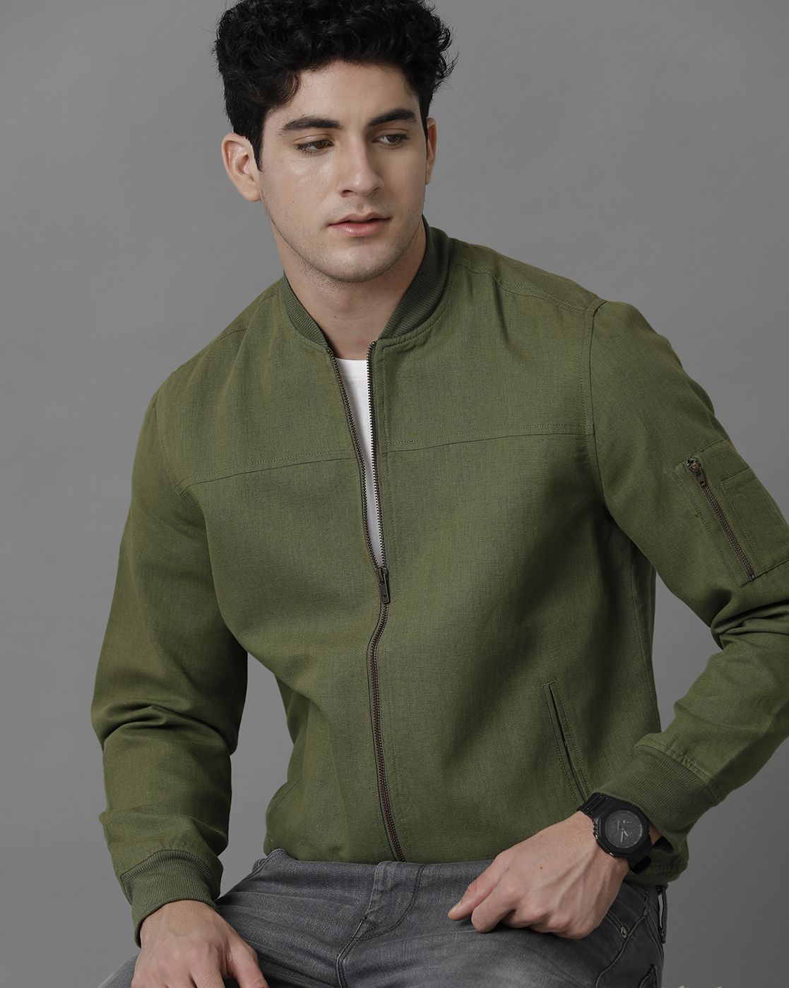 Linen Club Green Solid Full Sleeve All Season Linen Jacket for Men