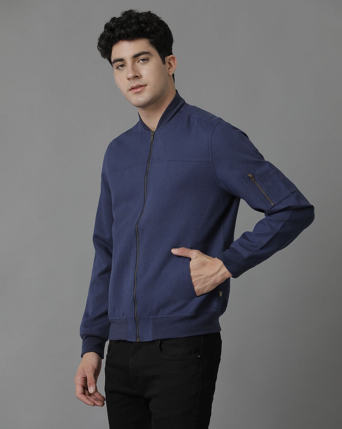 Linen Club Blue Solid Full Sleeve All Season Linen Jacket for Men