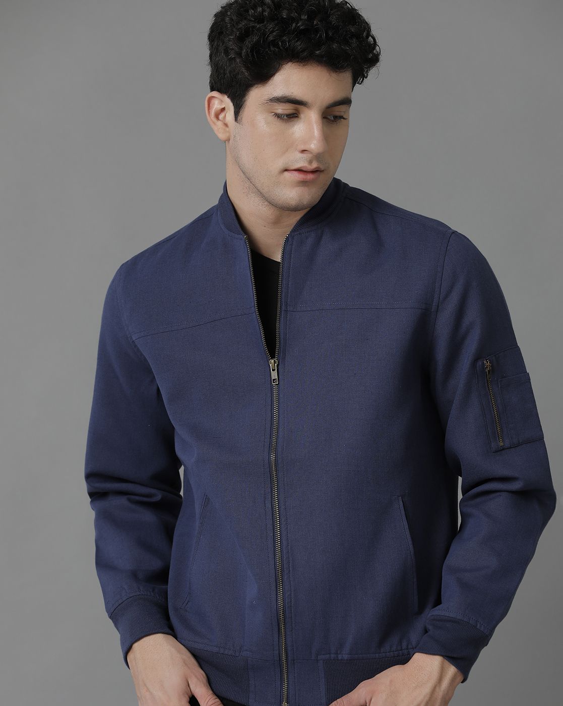 Linen Club Blue Solid Full Sleeve All Season Linen Jacket for Men