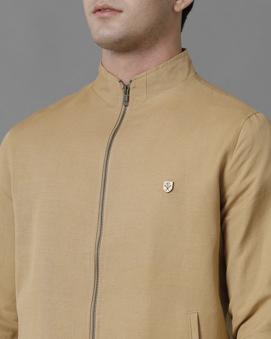 Linen Club Beige Solid Full Sleeve All Season Linen Jacket for Men