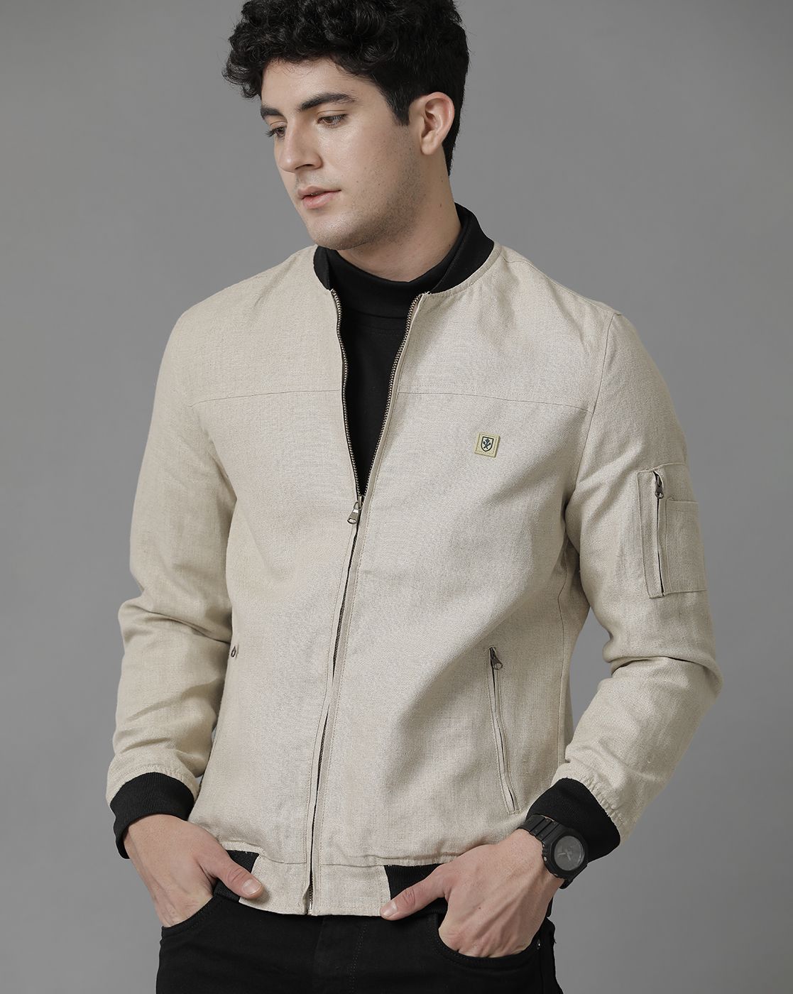 Linen Club Beige Solid Full Sleeve All Season Linen Jacket for Men