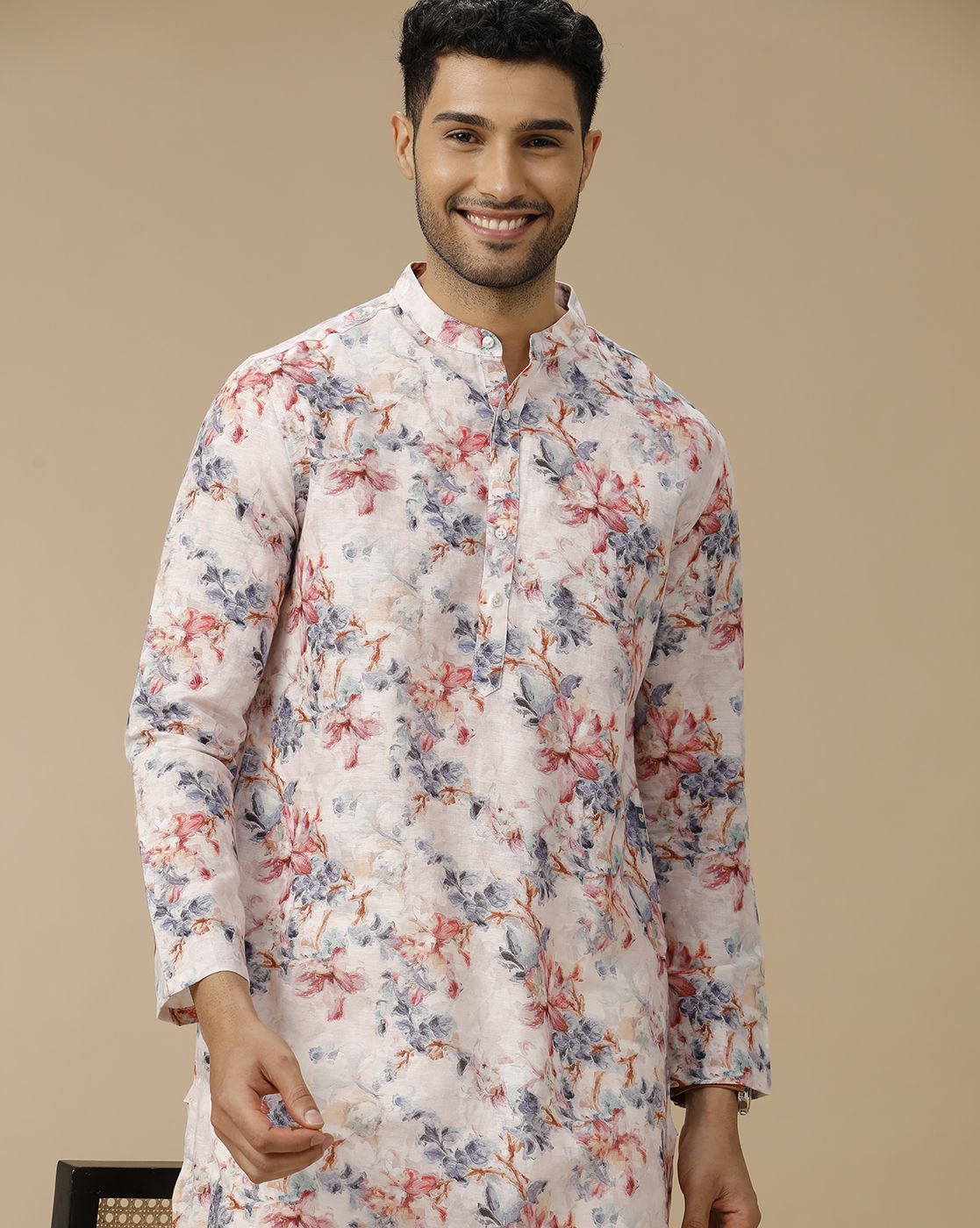 Mens Linen Pink Printed Regular Fit Kurta