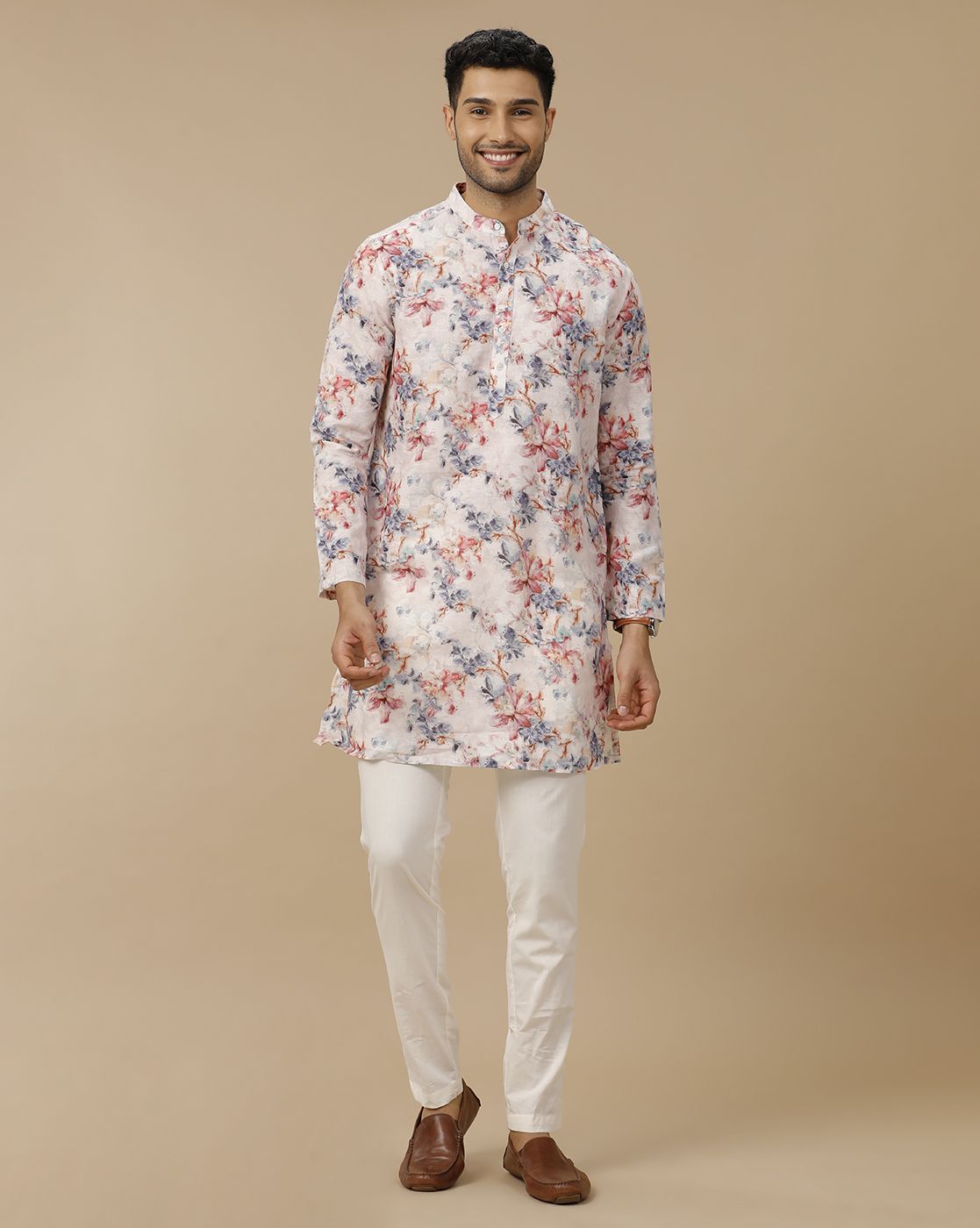 Mens Linen Pink Printed Regular Fit Kurta