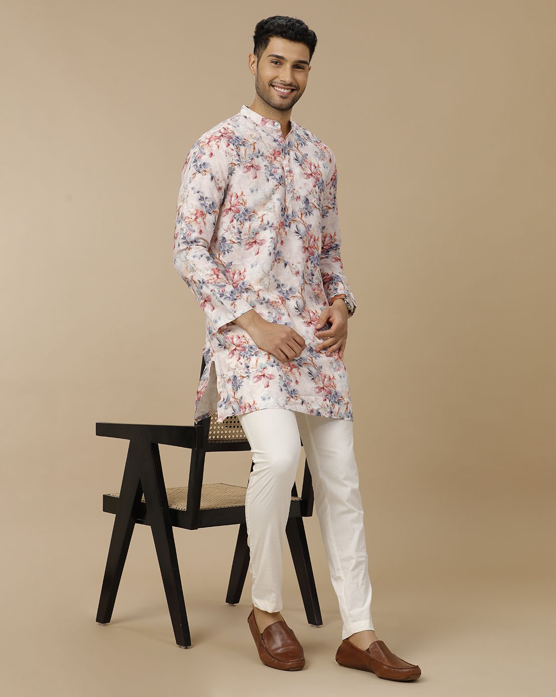 Mens Linen Pink Printed Regular Fit Kurta