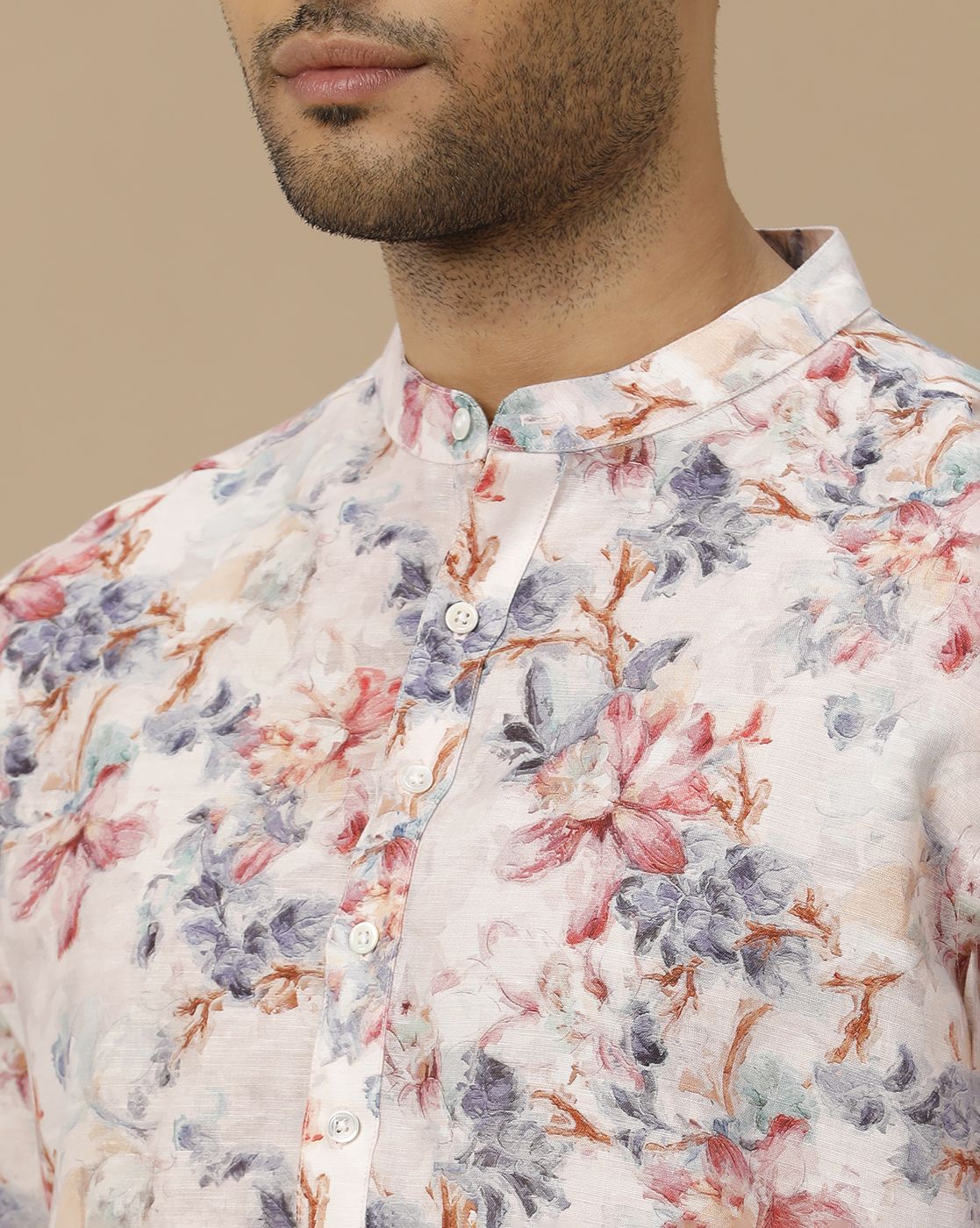 Mens Linen Pink Printed Regular Fit Kurta