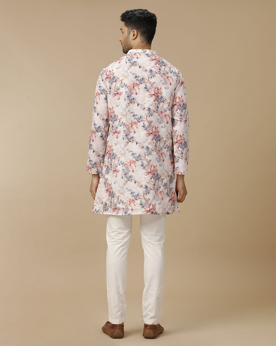 Mens Linen Pink Printed Regular Fit Kurta