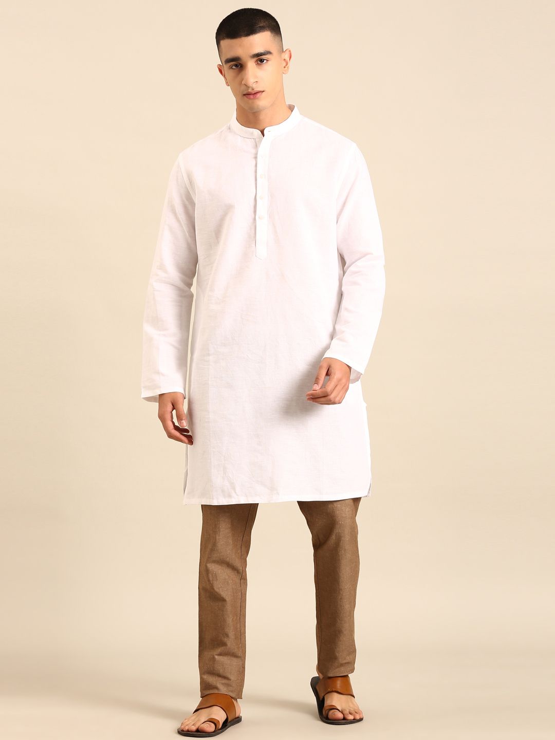 Linen Club Men's Pure Linen White Solid Regular Fit Full Sleeve Casual Kurta 
