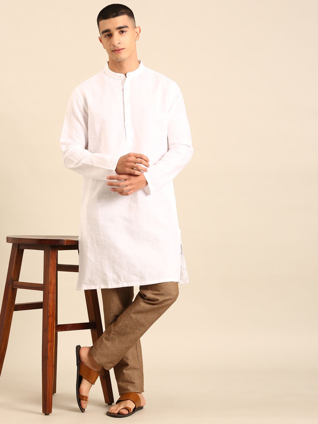 Linen Club Men's Pure Linen White Solid Regular Fit Full Sleeve Casual Kurta 