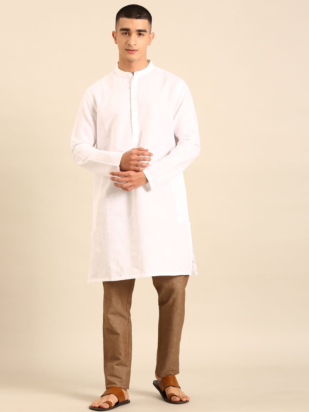Linen Club Men's Pure Linen White Solid Regular Fit Full Sleeve Casual Kurta 
