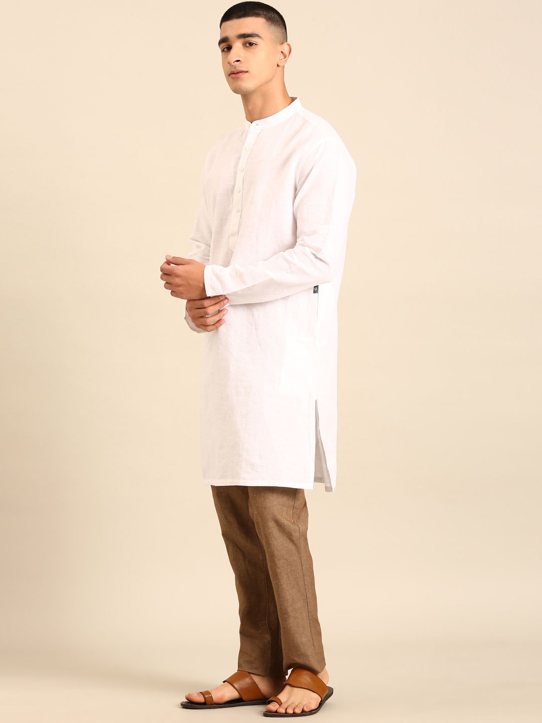 Linen Club Men's Pure Linen White Solid Regular Fit Full Sleeve Casual Kurta 