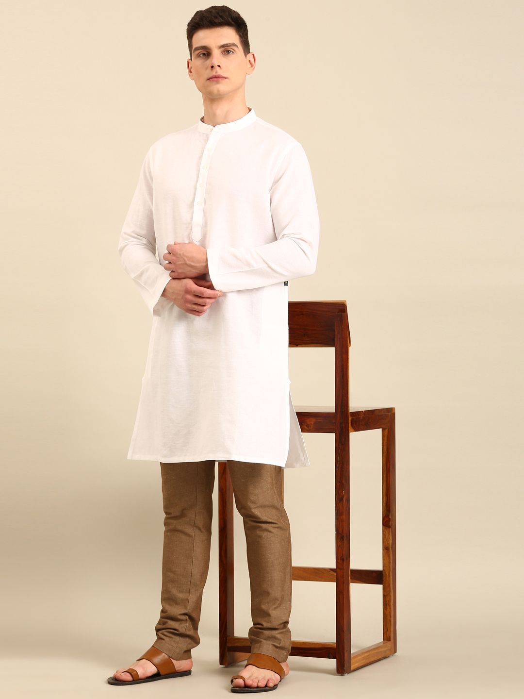 Linen Club Men's Linen Rich White Solid Regular Fit Full Sleeve Casual Kurta 