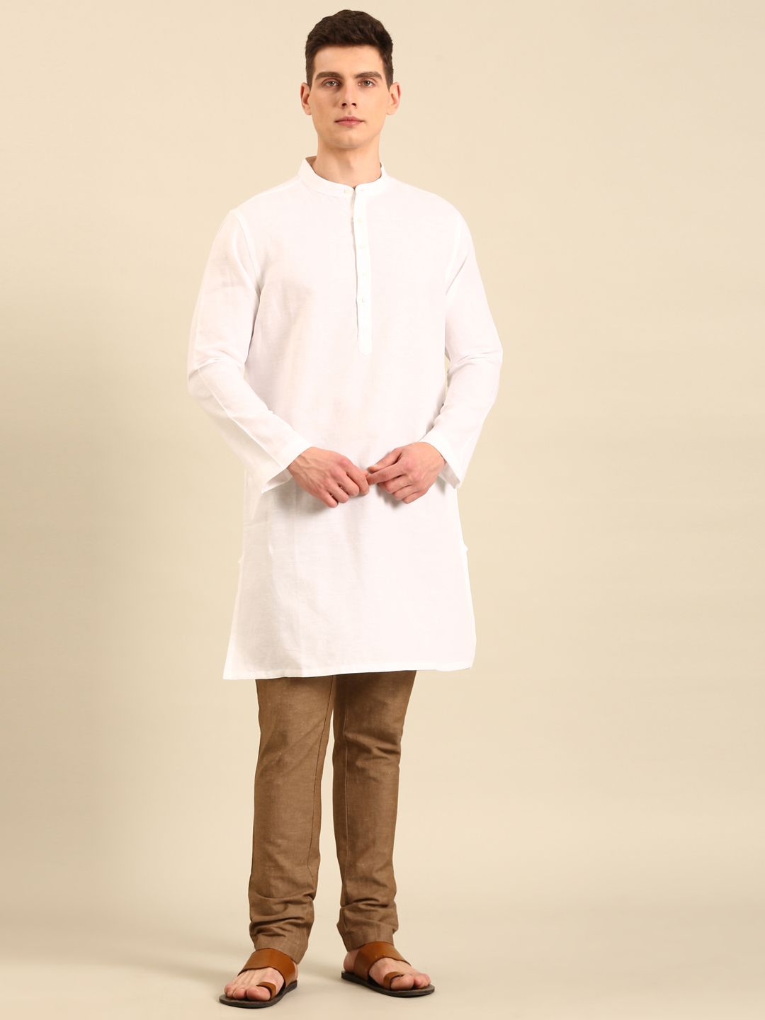 Linen Club Men's Linen Rich White Solid Regular Fit Full Sleeve Casual Kurta 