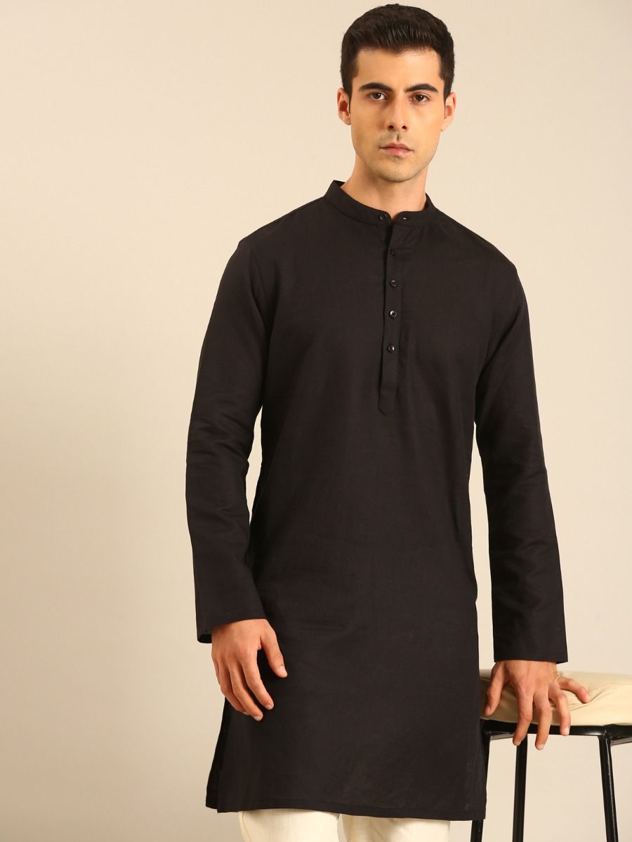 Linen Club Men's Linen Rich Black Solid Regular Fit Full Sleeve Kurta