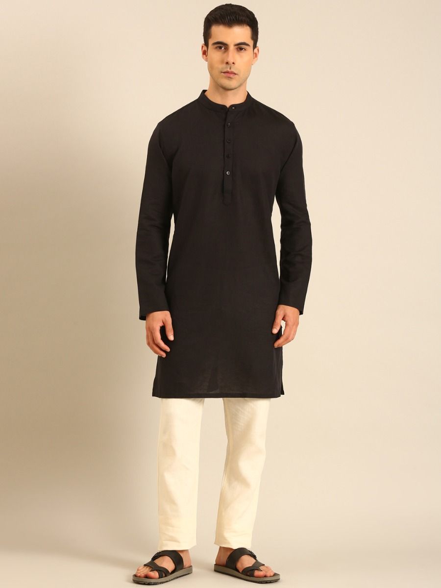 Linen Club Men's Linen Rich Black Solid Regular Fit Full Sleeve Kurta