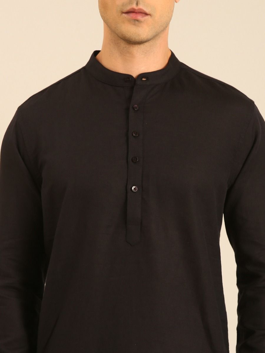 Linen Club Men's Linen Rich Black Solid Regular Fit Full Sleeve Kurta