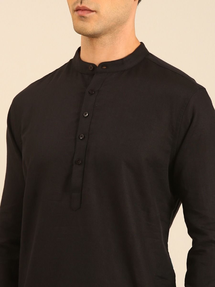 Linen Club Men's Linen Rich Black Solid Regular Fit Full Sleeve Kurta