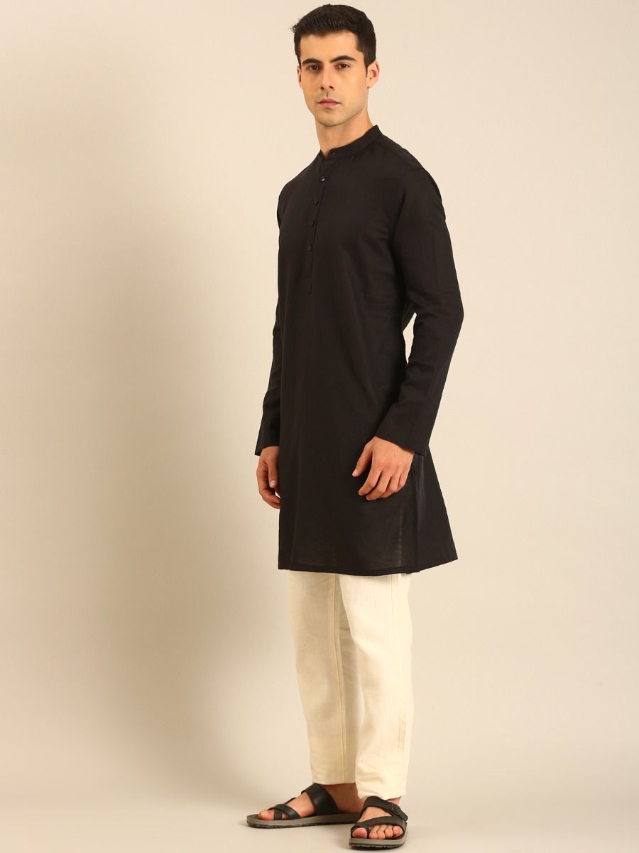 Linen Club Men's Linen Rich Black Solid Regular Fit Full Sleeve Kurta