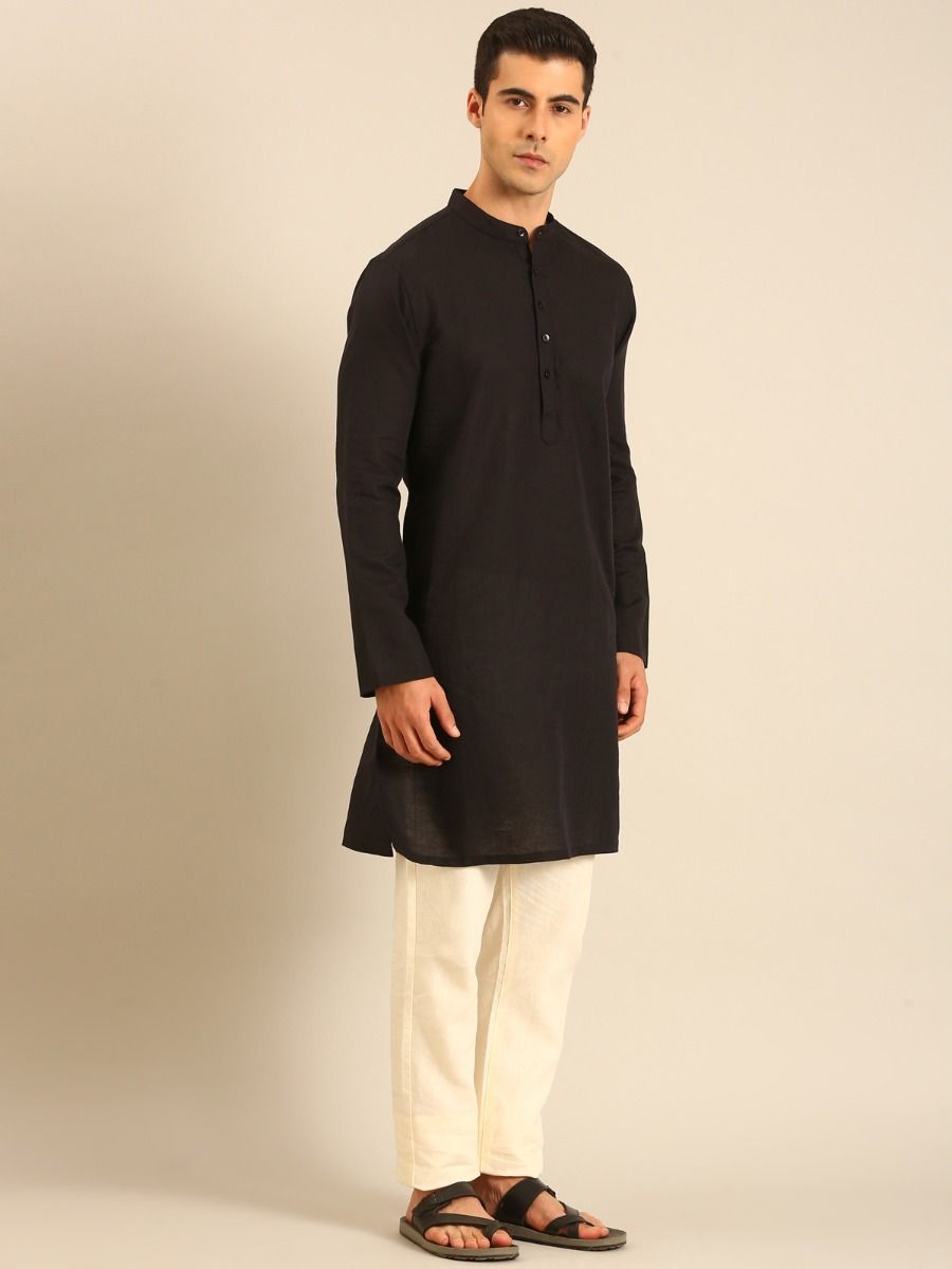 Linen Club Men's Linen Rich Black Solid Regular Fit Full Sleeve Kurta