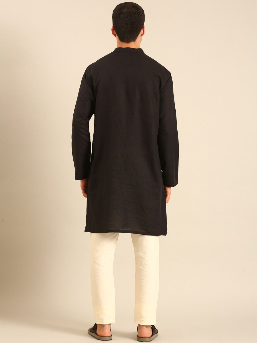 Linen Club Men's Linen Rich Black Solid Regular Fit Full Sleeve Kurta