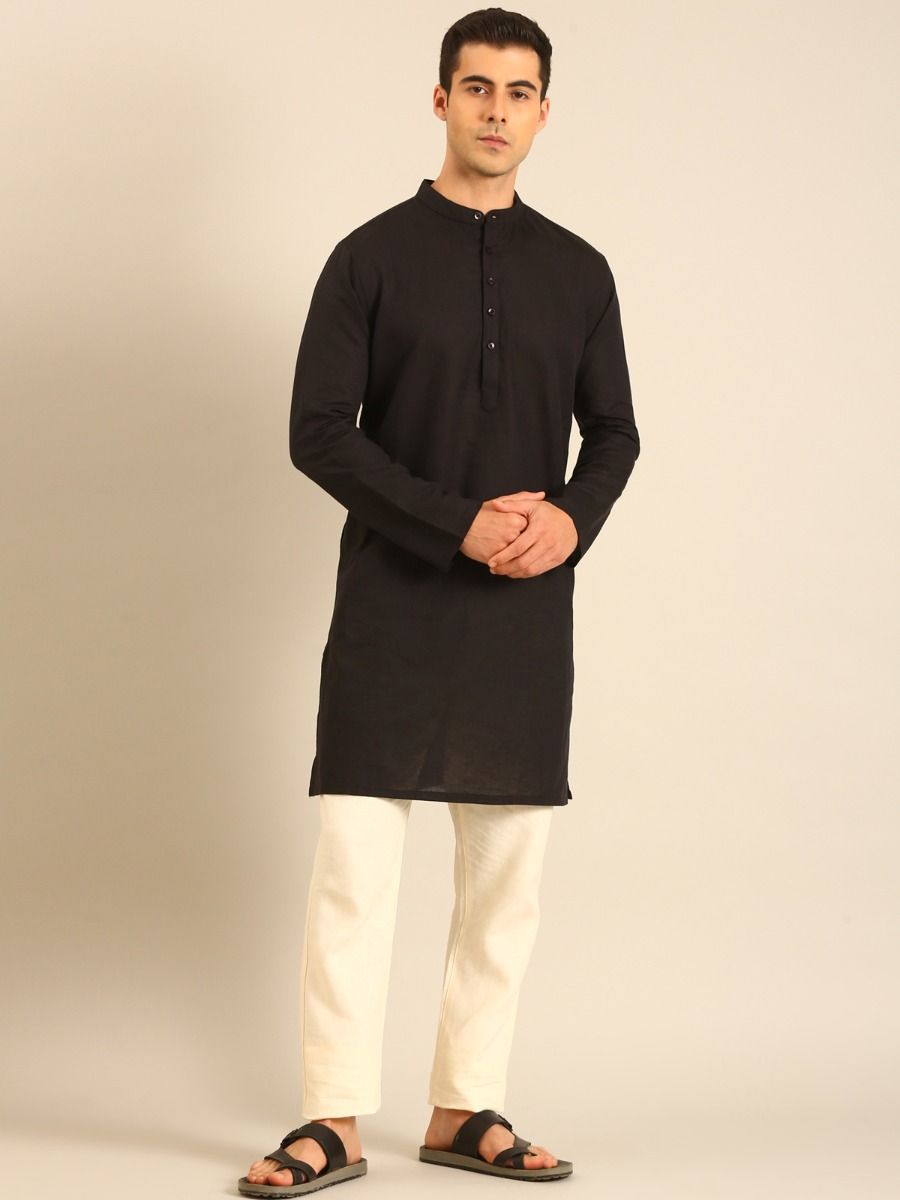 Linen Club Men's Linen Rich Black Solid Regular Fit Full Sleeve Kurta