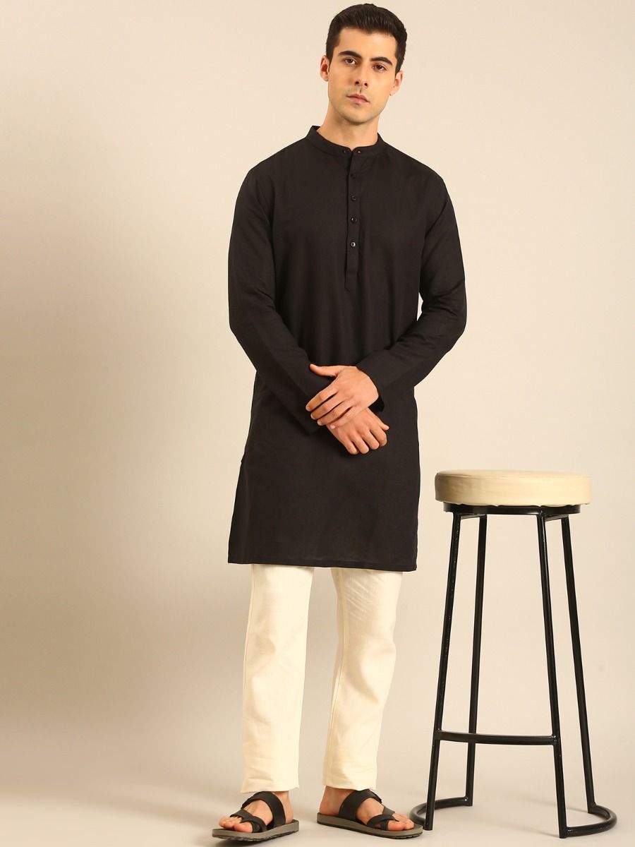 Linen Club Men's Linen Rich Black Solid Regular Fit Full Sleeve Kurta
