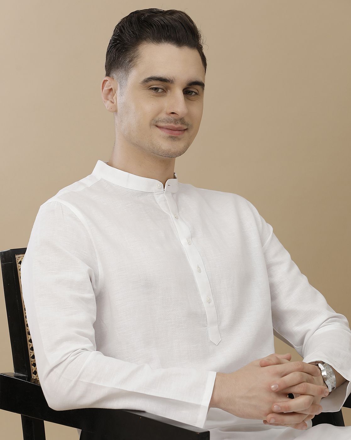 Mens Linen White Solid Regular Fit Kurta