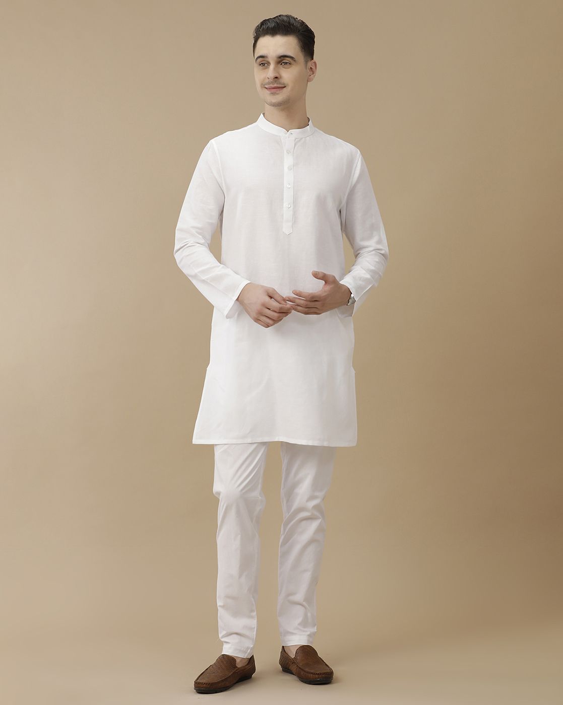 Mens Linen White Solid Regular Fit Kurta