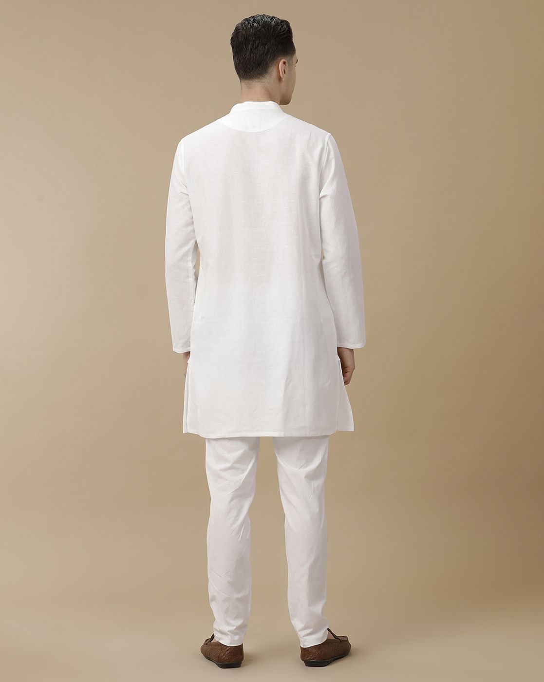 Mens Linen White Solid Regular Fit Kurta